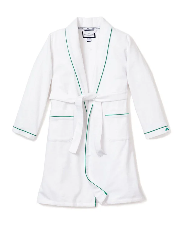 Petite Plume Kid's Flannel Contrast PIPING Robe - Size 1-14, White with Green, 3T-4T, Childrens Kids Robes Bathrobes
