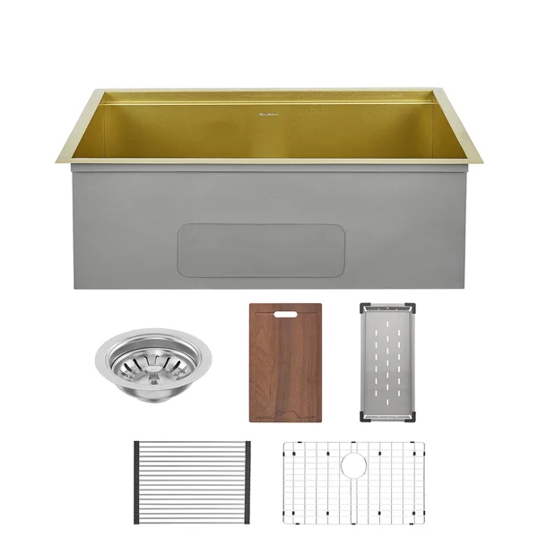 Tourner 30x22 x 19x22 Stainless Steel - Single Basin, Undermount Kitchen Workstation Sink in Gold