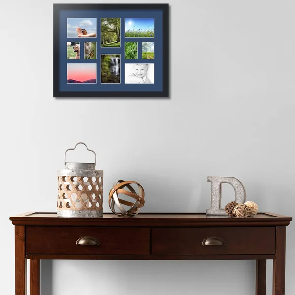 Collage Picture Frame, Satin Black Frame with 10 openings for 4x6 Photos with Delft Blue Mat. D3926FI401, ArtToFrames