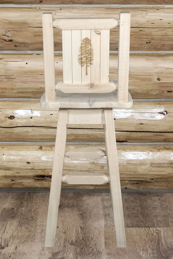 Montana Woodworks MWHCBSWSNRVLZPINE Homestead Barstool with Back & Swivel with Laser Engraved Pine Tree Design Clear Lacquer