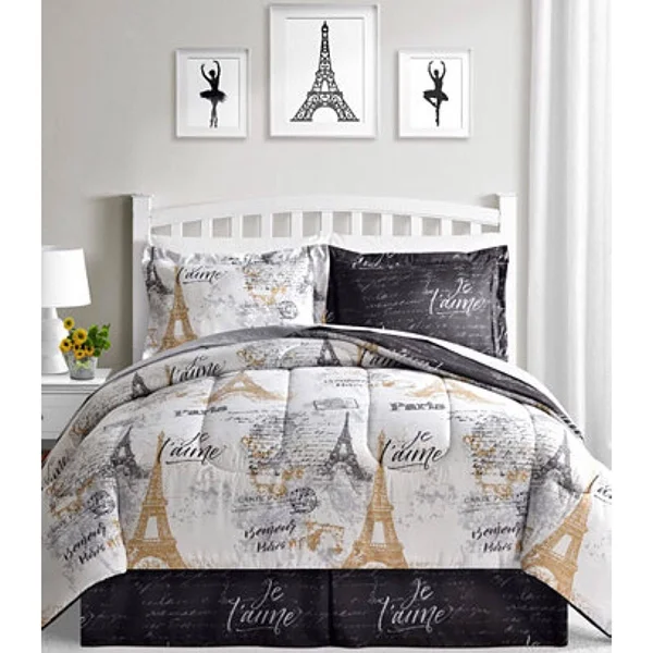 Bon Jour Paris, Eiffel Tower, Black & White Reversible Cal King Comforter Set (8 Piece Bed in A Bag)