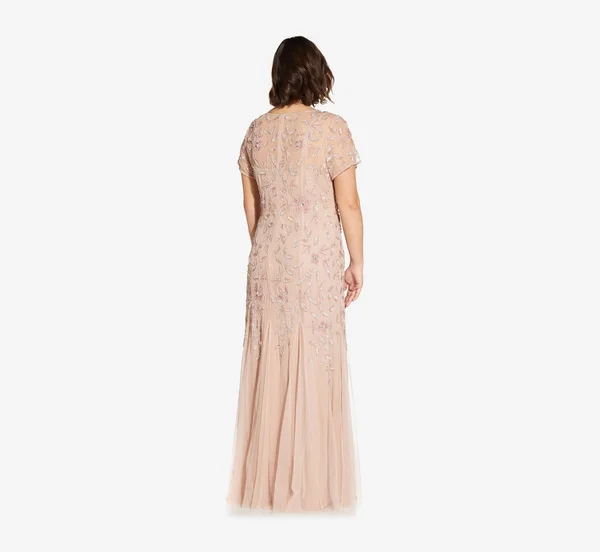 Adrianna Papell Hand Beaded Short Sleeve Floral Godet Gown - Blush, Size: 20