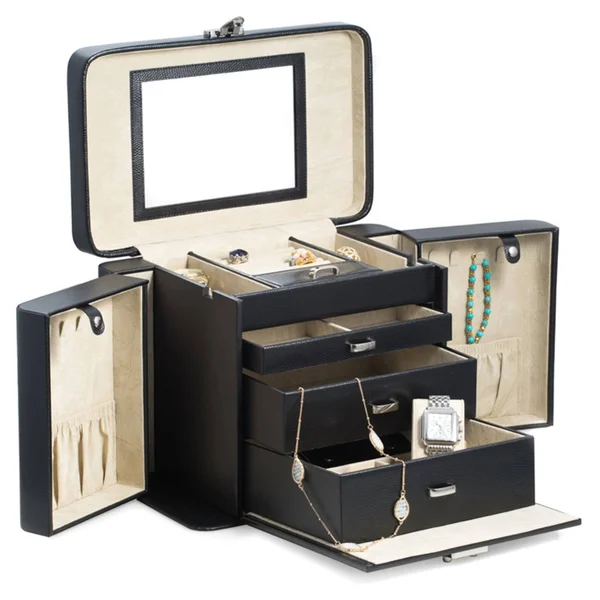 Black Lizard Textured Leather 4-Level Jewelry Case - 12.5 inches x 7.5 inches x 9.5 inches