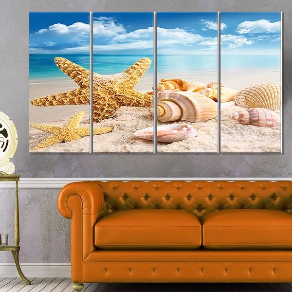 Designart &Starfish and Seashells on Beach& 4 Piece Graphic Art on Wrapped Canvas Set