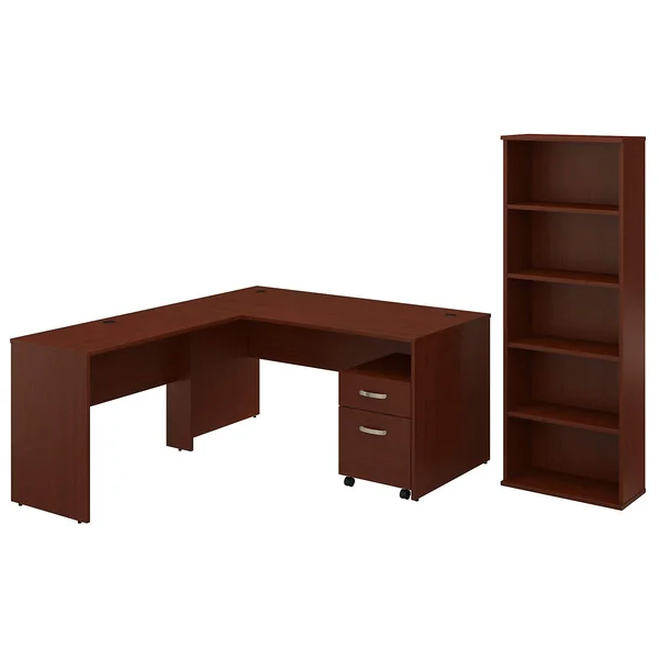 Bush Furniture Commerce 60W L Shaped Desk with Mobile File Cabinet and Bookcase in Autumn Cherry