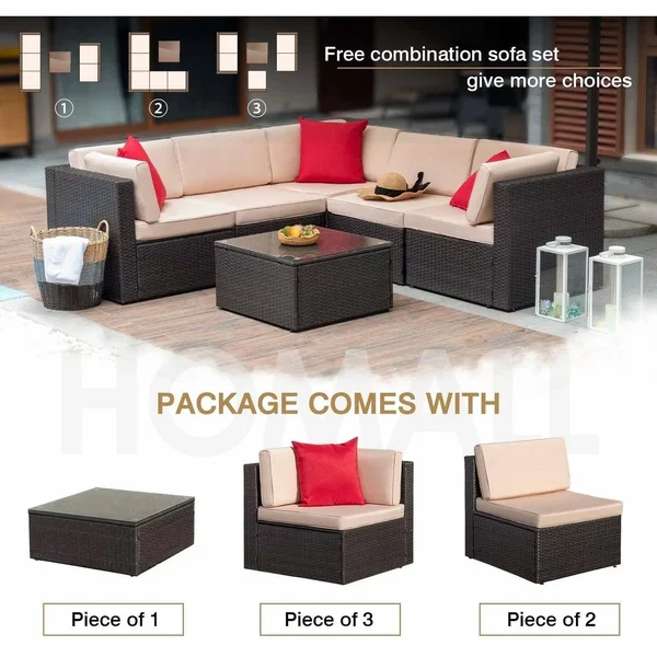 Homall 6 Pieces Patio Furniture Sets Outdoor Sectional Sofa All Weather PE Rattan Patio Conversation Set Manual Wicker Couch - B