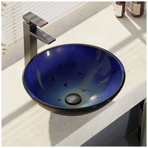 Rene R5-5008-R9-7003-C Foil Undertone Glass Vessel Sink with Chrome Vessel Faucet - Sink Ring, and Vessel Pop-Up Drain