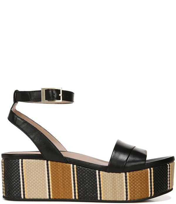 27 Edit Jamari Leather Striped Platform Sandals - Womens, 5M, Black