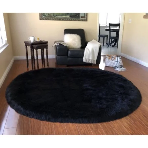 Lambzy Super Soft Faux Sheepskin Silky Oval Shag Rug, Black