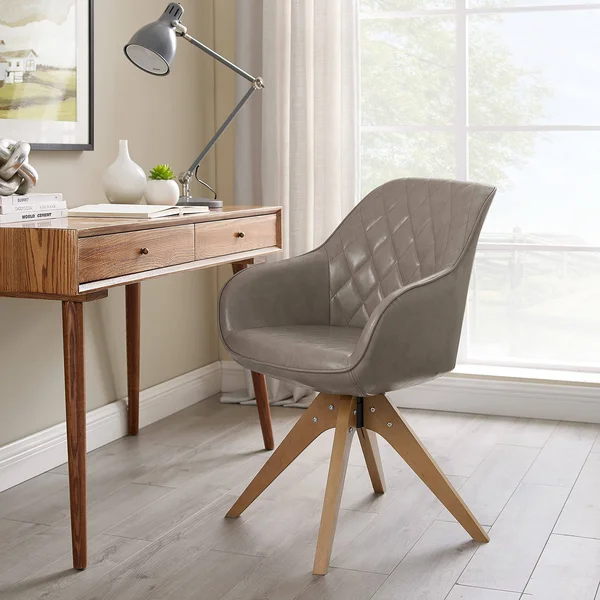 Art Leon Mid-Century Modern Faux Leather Upholstered Swivel Accent Chair Light Gray with Wood Legs Armchair for Home Office Stud