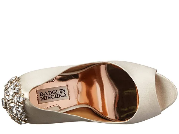 Badgley Mischka Kiara Embellished Peep-Toe Evening Pumps - Ivory Satin