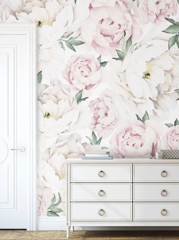 Peony Flower Mural Wall Art Peel and Stick Wallpaper, Pink