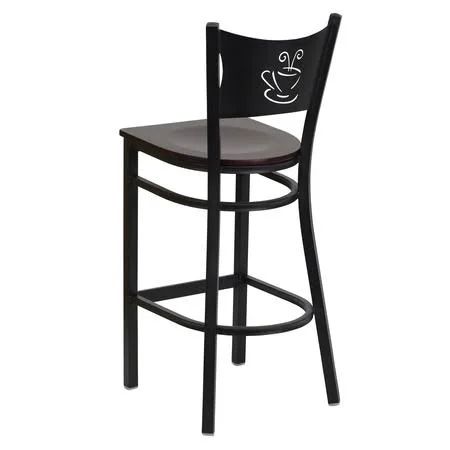 Flash Furniture 2 Pk. Hercules Series Black Coffee Back Metal Restaurant Barstool - Mahogany Wood Seat