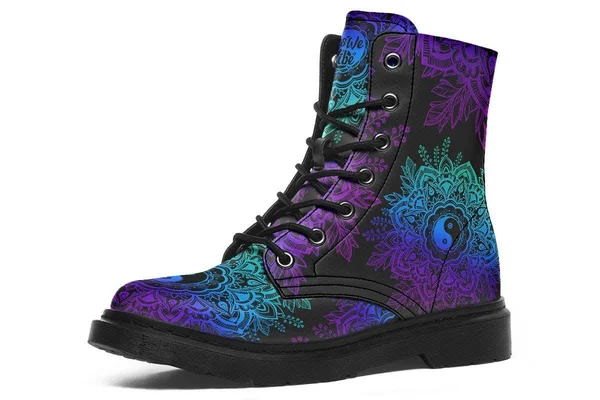 Yin Yang Mandala Boots, Vegan Black Boots, YesWeVibe Women's Boots, Black Sole, US 5, EU35.5