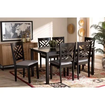 Baxton Studio Caron Modern and Contemporary Grey Fabric Upholstered Espresso Brown Finished Wood 7-Piece Dining Set