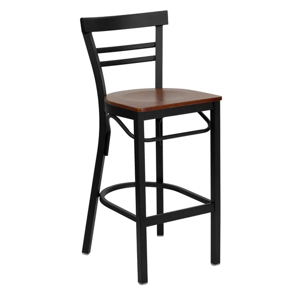 Flash Furniture Hercules Metal Ladder Back Wood Seat Restaurant Bar Stool, Black