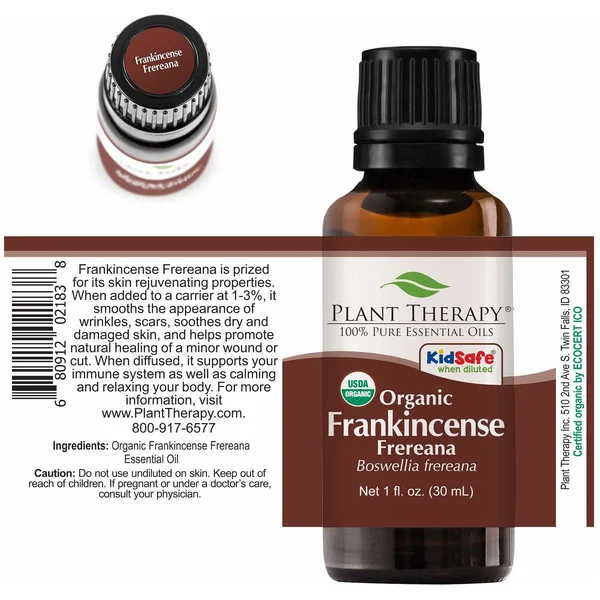 Plant Therapy USDA Certified Organic Frankincense Frereana Essential Oil. 100% Pure, Undiluted, Therapeutic Grade. 30 ml (1 Oz).