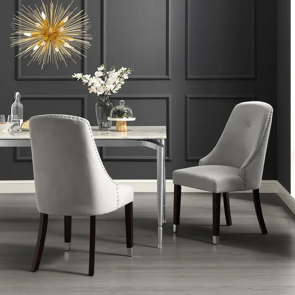 Inspired Home piers Leather PU or Velvet Dining Chair Single Tuft (Set of 2) Light Grey/Silver Chrome Finish Velvet