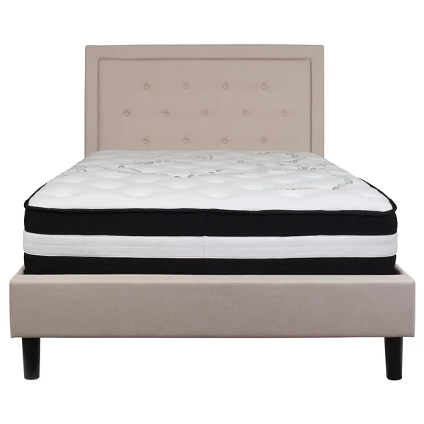 Full Panel Tufted Platform Bed/Mattress in Beige Fabric