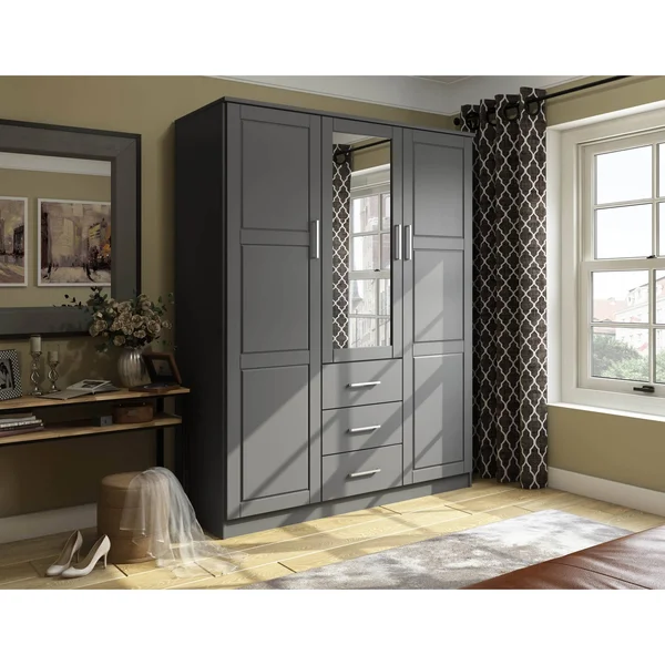 100% Solid Wood 3-Door Cosmo Wardrobe with Mirror 7115 by Palace Imports - Gray