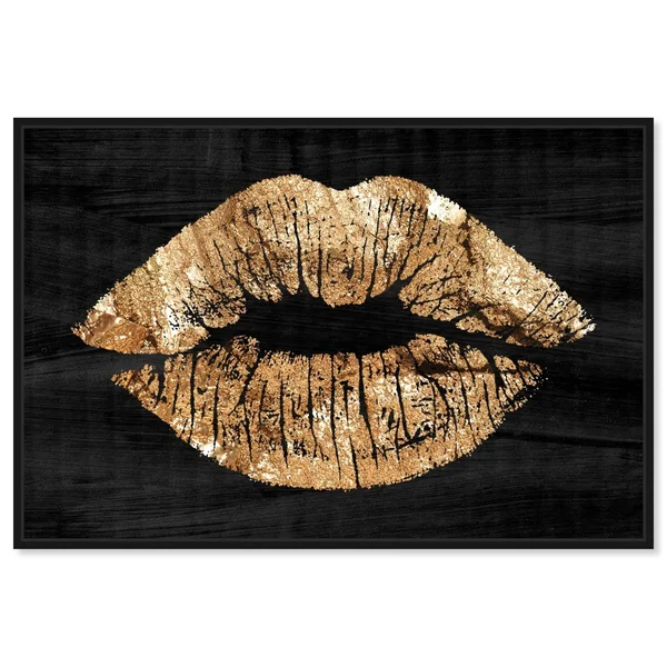Oliver Gal Fashion and Glam Wall Art Framed Canvas Prints &Solid Kiss Night& Lips - Gold, Black - 54 x 36