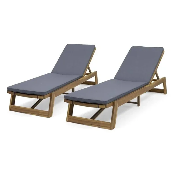 Noble House Maki Outdoor Acacia Wood Chaise Lounge in Teak and Gray (Set of 2)