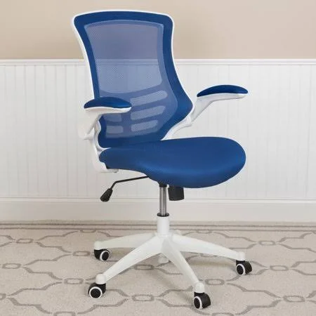 Mid-Back Blue Mesh Ergonomic Task Office Chair - White Frame - Flip-Up Arms, Size: 24.5w x 25.5D x 37.5 - 41.25H