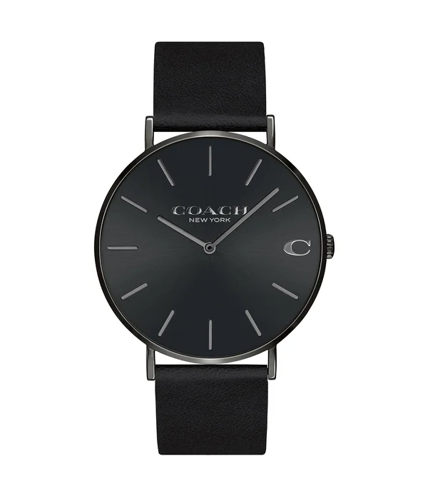 Coach Charles Black Leather Strap Watch - Black