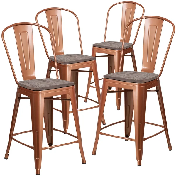 Lancaster Home 4 Pk. 24x22 High Metal Counter Height Stool with Back and Wood Seat - 17.75x22W x 22x22D x 40.25x22H - Copper