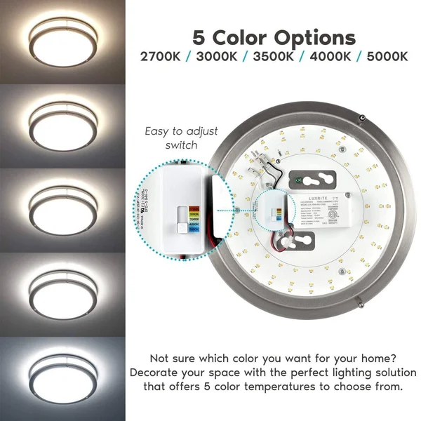 Luxrite 12 inch LED Flush Mount Ceiling Light - Color Temperature Selectable 2700K, 3000K, 3500K, 4000K, 5000K