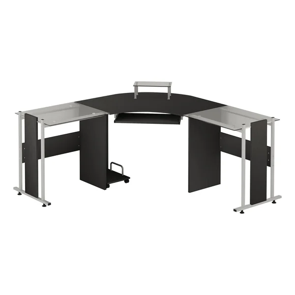 HOMCOM 69x22 Modern L-Shaped Tempered Glass Office Computer Desk with Elevated Monitor Stand - Rolling CPU Holder, Pull Out Keybo