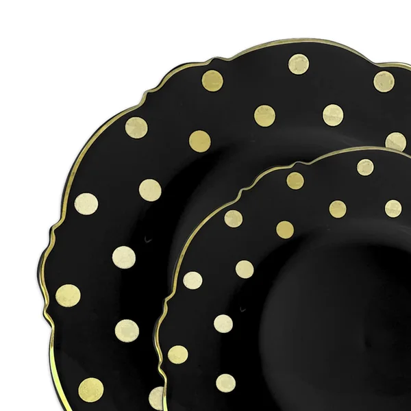 120 Dinner Plates + 120 Salad Plates, Black with Gold Dots Round Blossom Disposable Plastic Dinnerware Value Set