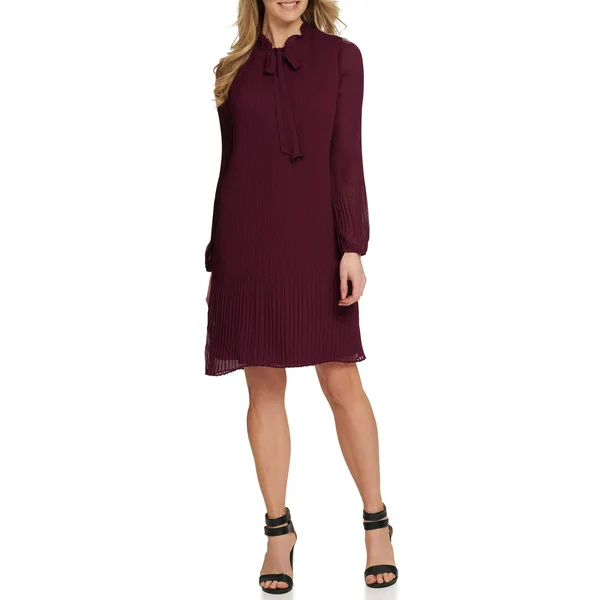 Dkny Long Sleeve Tie Neck Pleated Shift Dress - Maroon