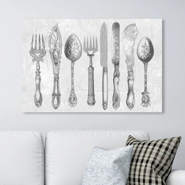 Runway Avenue Food and Cuisine Wall Art Canvas Prints 'Royal Cutlery Grey' Cooking and Chef - Gray - White, Size: 45 x 30