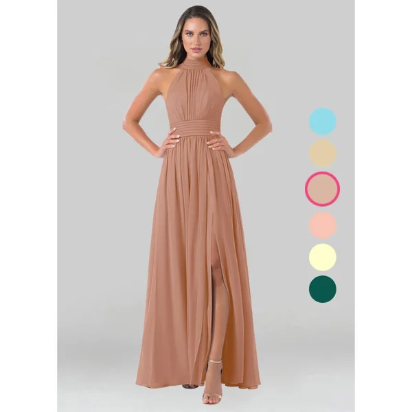 Azazie A-Line/Princess Halter Floor-Length Chiffon Bridesmaid Dresses - Champagne Rose