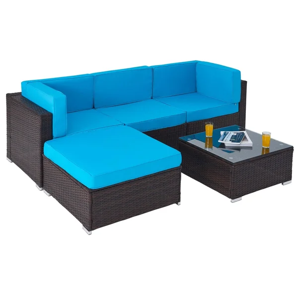 CO-Z 5 Pcs Outdoor Patio Furniture Set, Sectional Sofa, Table - Walnut & Blue, 29.5 x 29.5 x 25 in