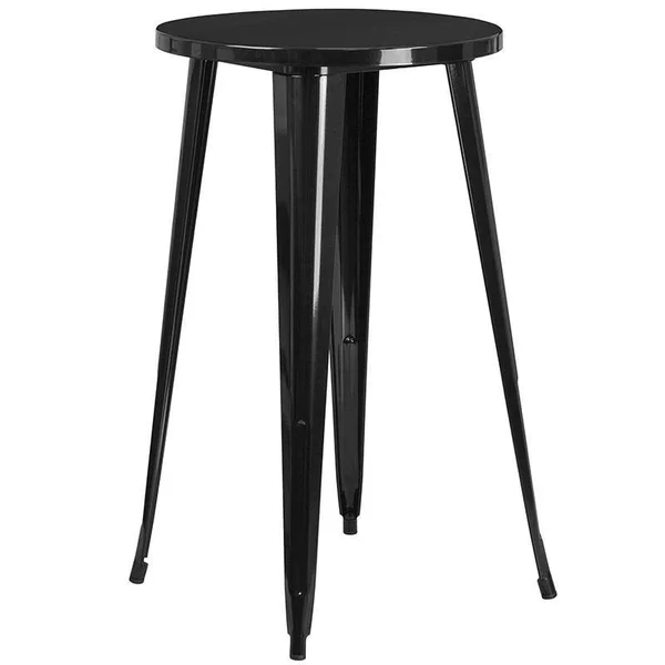 24'' Round Black Metal Indoor-Outdoor Bar Table Set with 2 Vertical Slat Back Stools