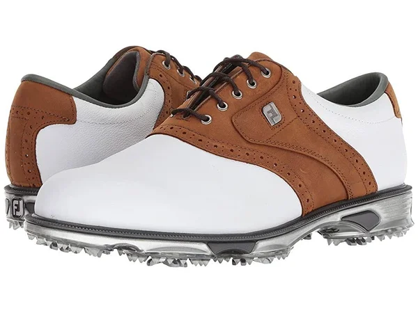 DryJoys Men's Tour Golf Shoes Spiked Saddle in White - Bomber Taupe Size 9 N