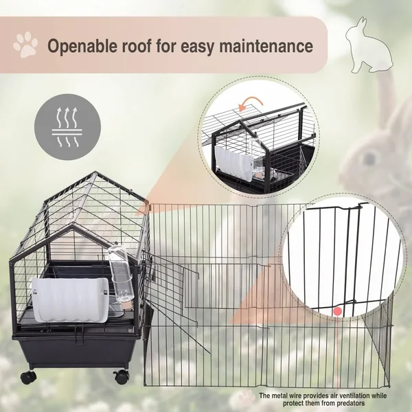 PawHut Rolling Metal Rabbit - Guinea Pig, or Small Animal Hutch Cage with Main House and Run