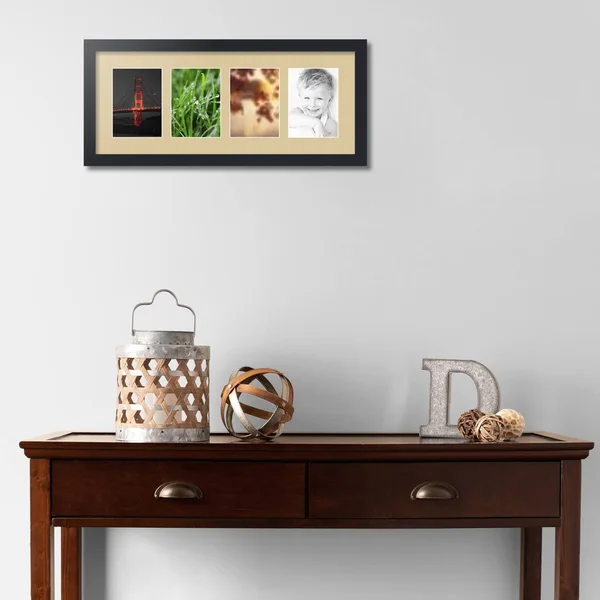 Collage Picture Frame - Satin Black Frame with 4 openings for 5x7 Photos with Green Whisper Mat. D3926GI15, ArtToFrames