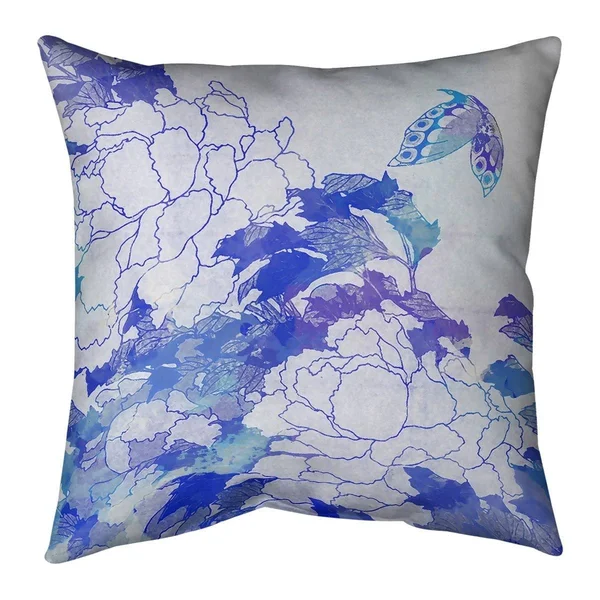 Peonies and Butterfly Indoor/Outdoor Pillow - 20 x 20 - Blue & Peach - UV Resistant