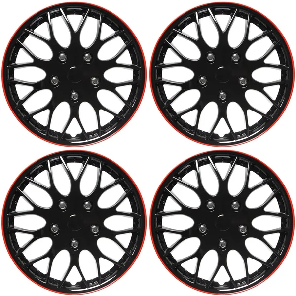 Cover Trend (Set of 4), aftermarket, 16x22 Shiny Black w/Red Trim Hub Caps Wheel Covers
