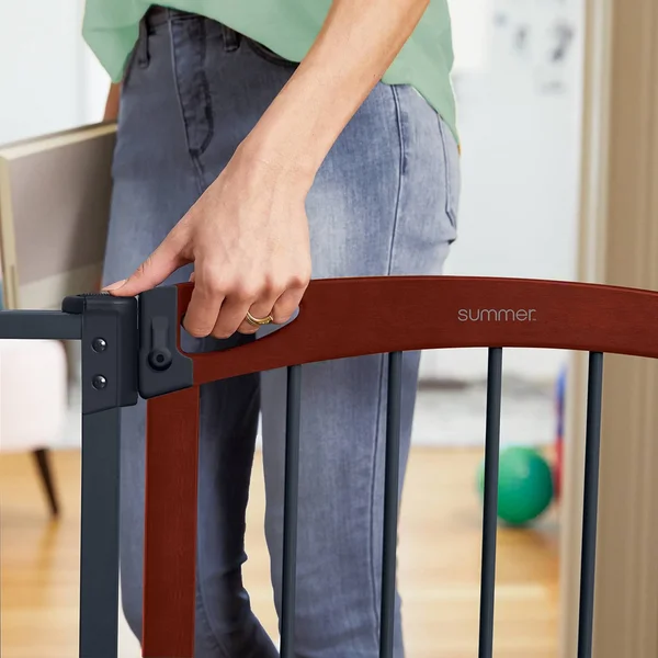 Summer Essex Craft Safety Baby Gate, Solid Wood Cherry Stain Arched Doorway with Charcoal Gray Metal Frame – 30” Tall, Fits open