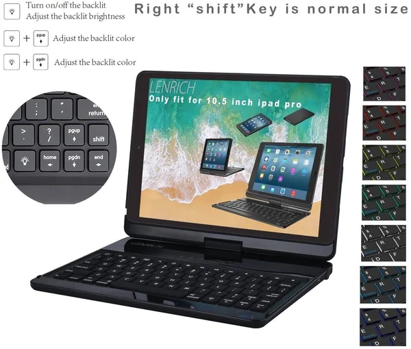 iPad Pro 10.5 Case with Keyboard Backlit, LENRICH 7 Colors Backlight 360 Rotatable Bluetooth Wireless