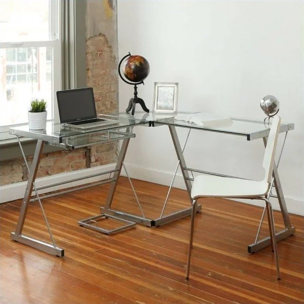 Pemberly Row L Shaped Glass Top Computer Desk in Silver