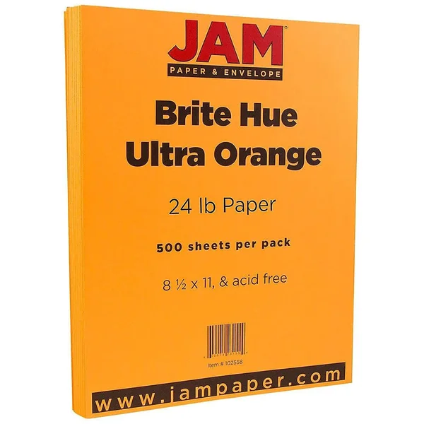 Jam Paper Colored 24lb Paper - 8.5 x 11, Ultra Orange, 500 Sheets/Ream (102558B)