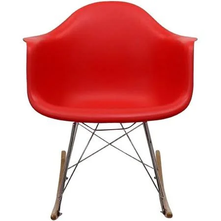 2xhome - Red - Eames Style Molded Modern Plastic Armchair Contemporary Accent Retro Rocker Chrome Steel Eiffel Base - Ash Wood R