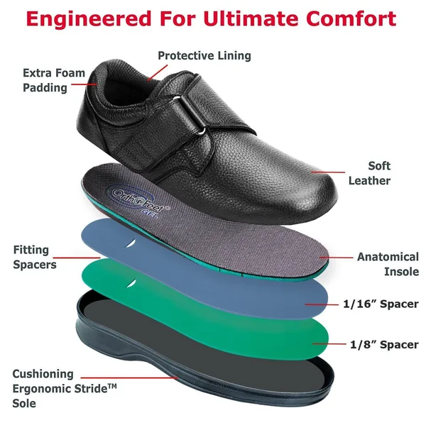 OrthoFeet Men's Broadway Leather Shoes Black 14 Wide