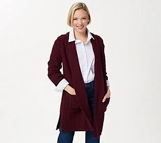 Aran Craft Merino Wool Open Front Long SweaterCardigan - Size Medium, Wine