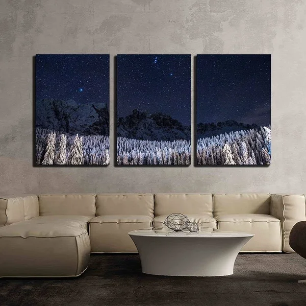 Wall26 - 3 Piece Canvas Wall Art - Winter Landscape - Trees and Mountains with Snow Under The Starry Sky - Modern Home Decor Str